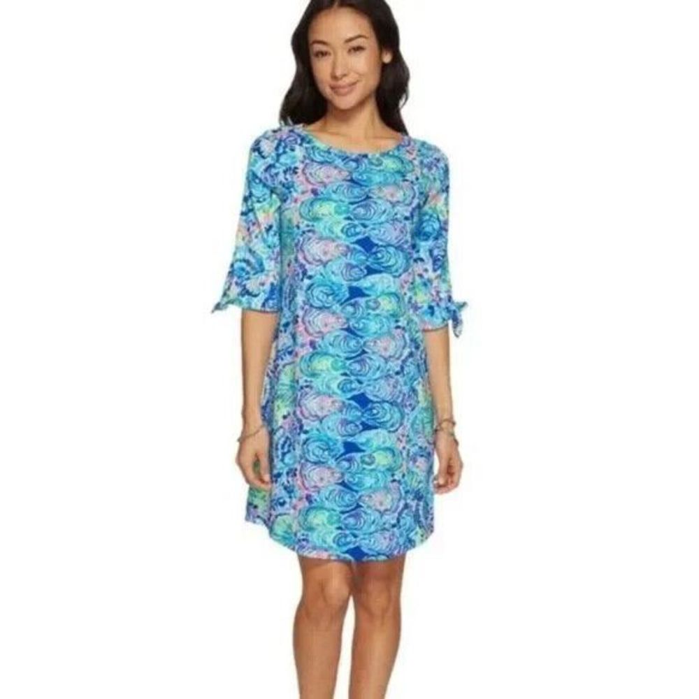 Lilly Pulitzer Preston Dress Multi Ocean Commotion 3/4 Tie Sleeve Jersey Size XS